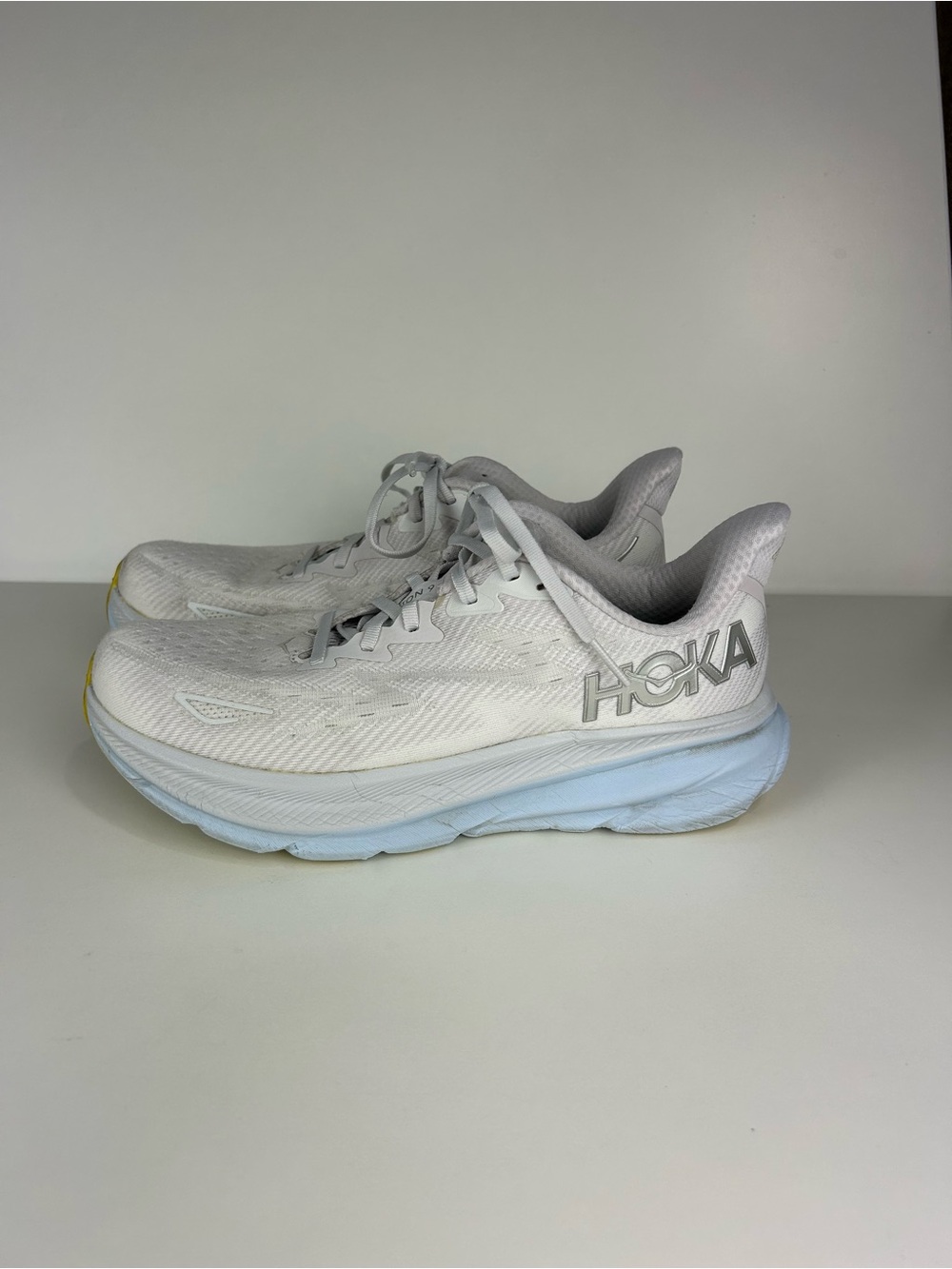 Hoka One One Clifton 9 White and Light Blue Women's Running Sneakers 9.5